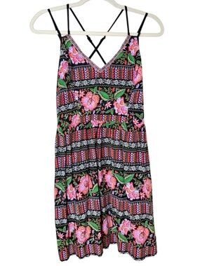 Xhilaration Large Black Floral Sundress with Pink & Green Print